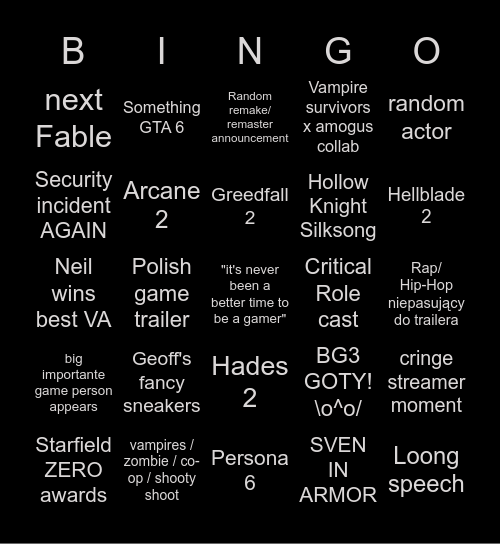 TGA 2023 goys Bingo Card