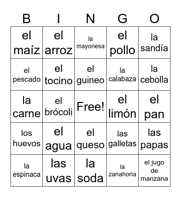 Comidas Bingo Card