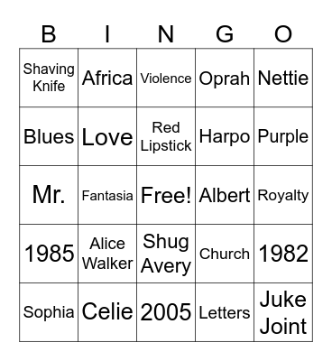 The Color Purple Bingo Card