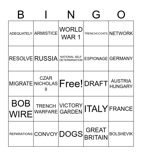 WORLD WAR 1 Bingo Card