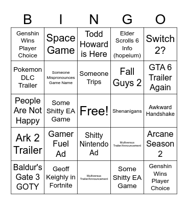 Game Awards Bingo Card