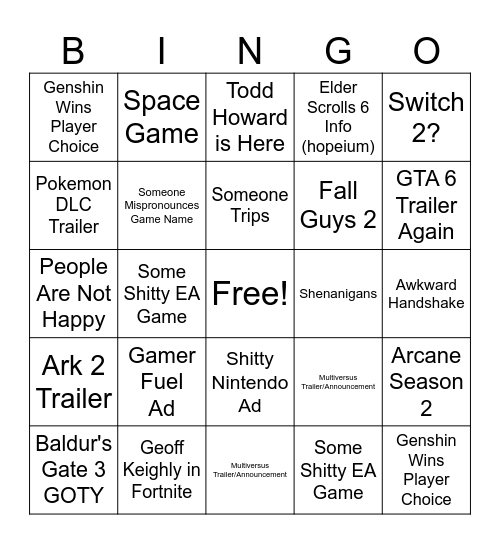 Game Awards Bingo Card