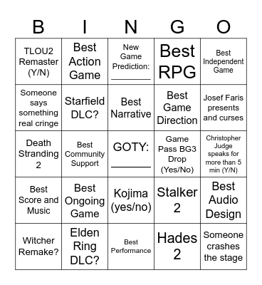 The Game Awards 2023 Bingo Card