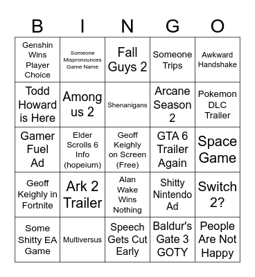 Game Awards Bingo Card