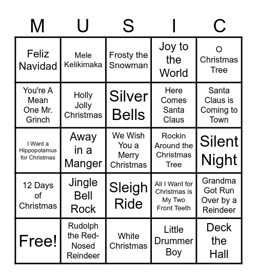 Christmas Songs Bingo Card