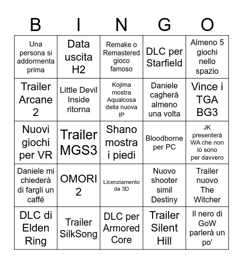 TGA 2023 Bingo Card