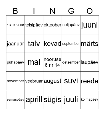 aastaajad ja kuud Bingo Card