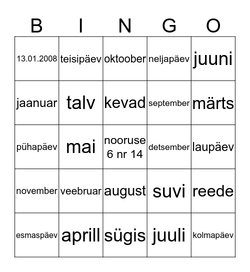 aastaajad ja kuud Bingo Card