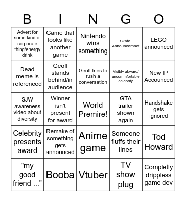 Game Awards 2023 Bingo Card