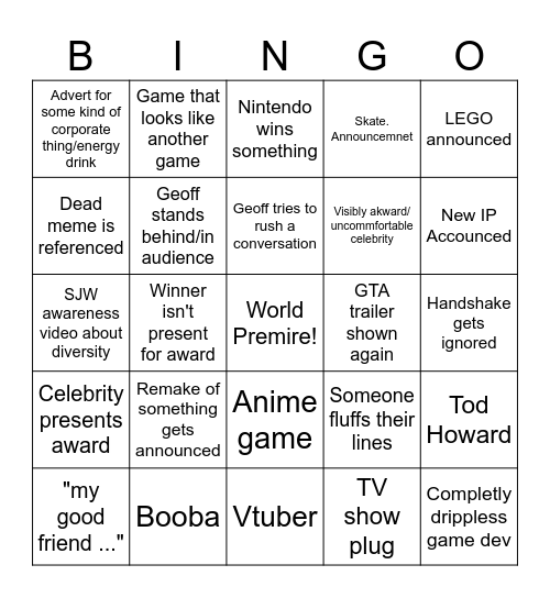 Game Awards 2023 Bingo Card