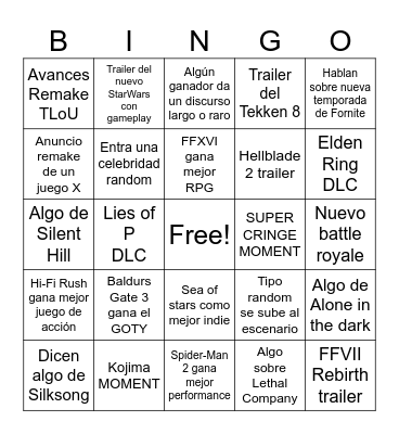 The Game Awards 2023 Bingo Card