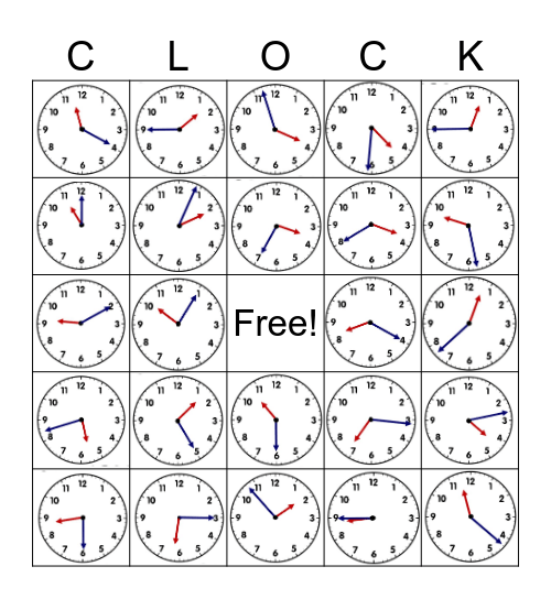 Telling Time Bingo Card
