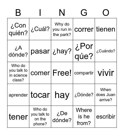 Review Spanish 2 Bingo Card