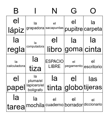 Los útiles escolares Bingo Card
