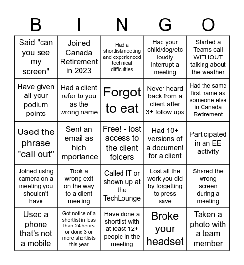 Manulife Retirement Bingo Card