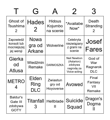 The Game Awards 2023 PL Bingo Card