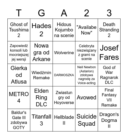 The Game Awards 2023 PL Bingo Card