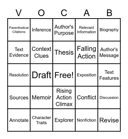 Unit 3 Vocab Bingo Card