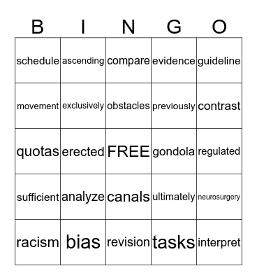 Vocabulary  Bingo Card