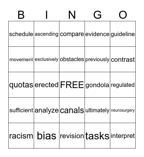 Vocabulary  Bingo Card