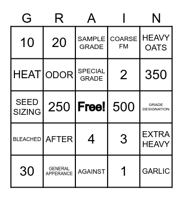 GRAIN-O Bingo Card
