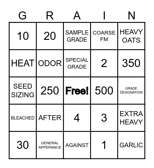 GRAIN-O Bingo Card