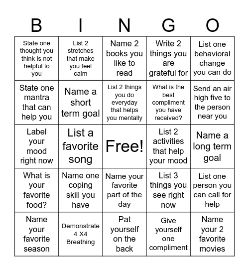 Mental Health Bingo Card