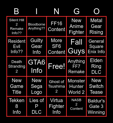 Game Awards 2023 Bingo Card