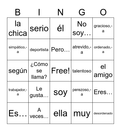 1B Vocabulario: como eres Bingo Card