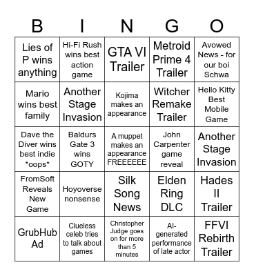 The Game Awards 2023 Bingo Card
