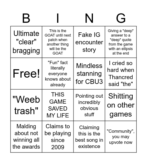 XIV OST comment section Bingo Card