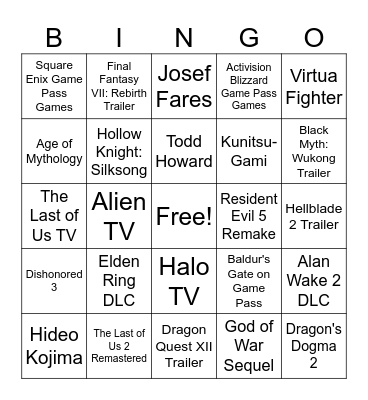 Game Awards Bingo Card