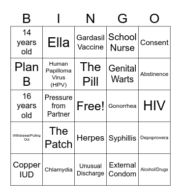 Sexual Health Bingo Card