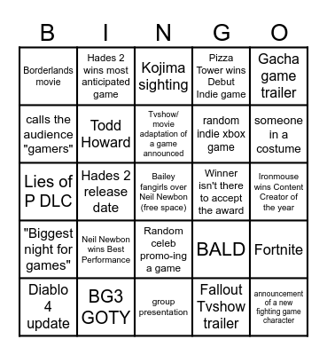 Game Awards Bingo 2023 Bingo Card