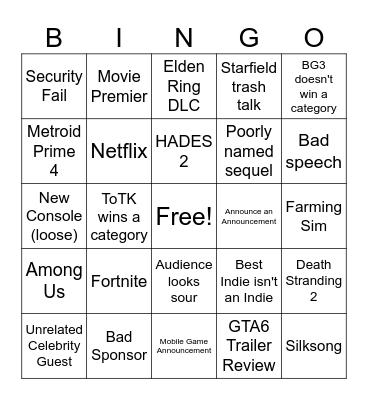 Game Awards 2023 Bingo Card