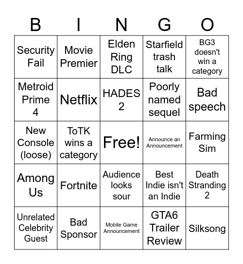 Game Awards 2023 Bingo Card