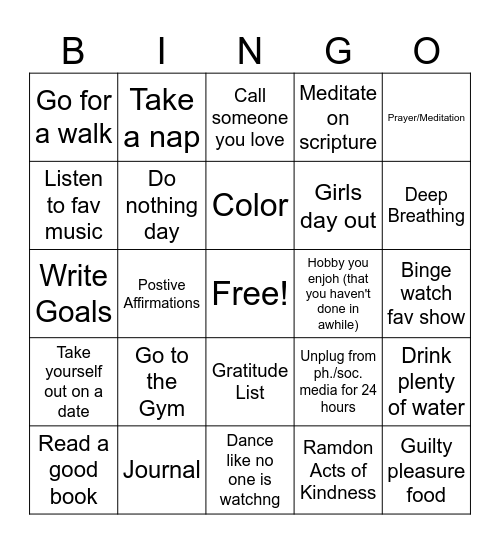 Self-Care Bingo Card