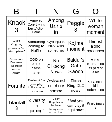 Game Awards 2023 Bingo Card