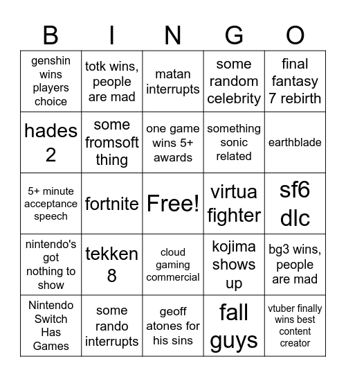 the game awards 2023 Bingo Card