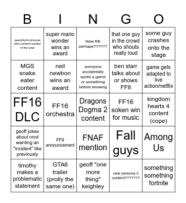 nawa's the game awards bingo Card