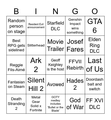 TGA 2023 Bingo Card