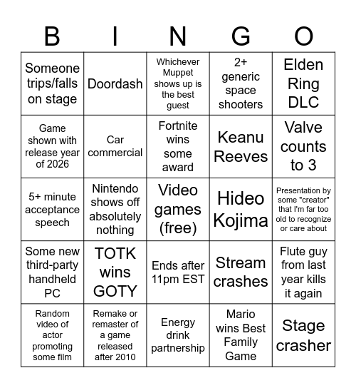 Game Awards Bingo Card