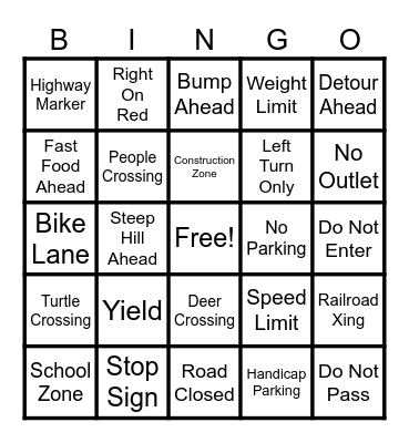 Drivers Ed Bingo Card