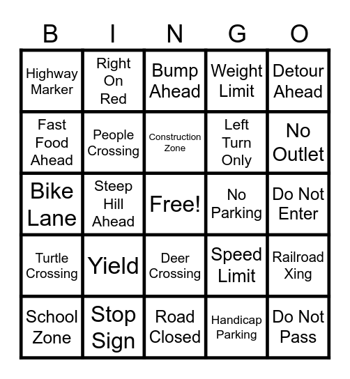 Drivers Ed Bingo Card