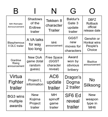 Game Awards 2023 Bingo Card
