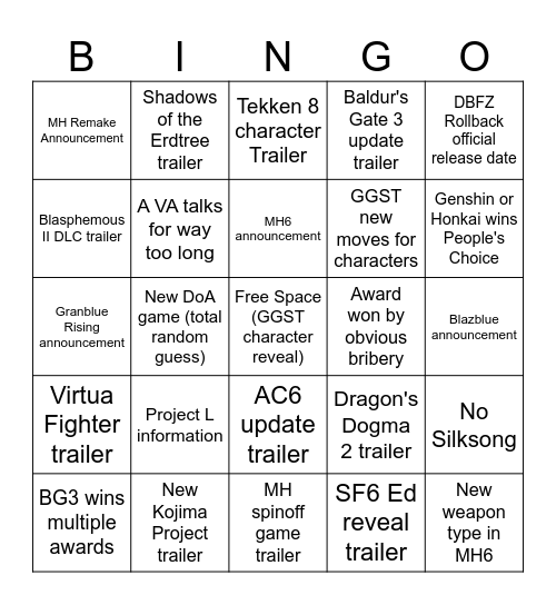 Game Awards 2023 Bingo Card