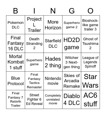 TGA 2023 Bingo Card