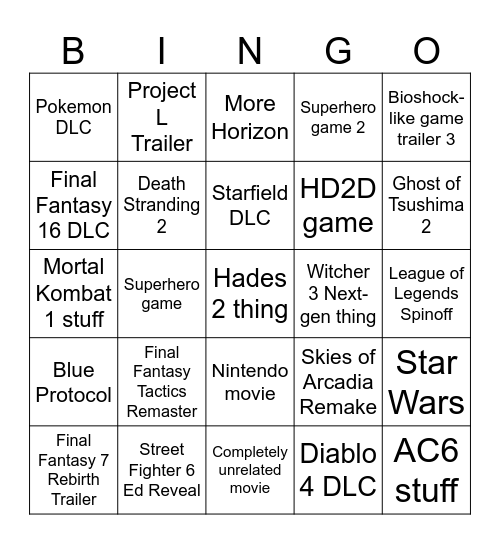 TGA 2023 Bingo Card