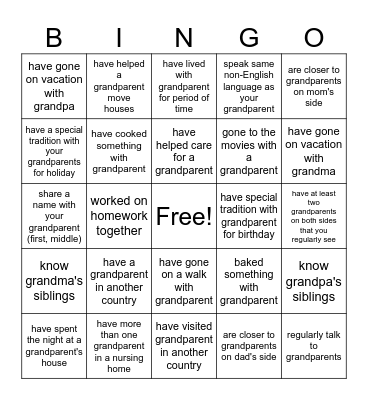 GRANDPARENT BINGO Card