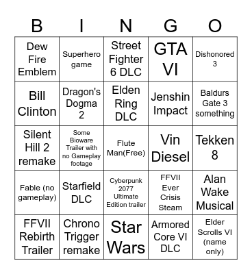 TGA 2023 Bingo Card